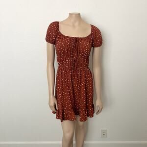 [ASOS] Brown White Polka Dot Print Babydoll Shirred Puff Sleeve Mini Dress Sz 14